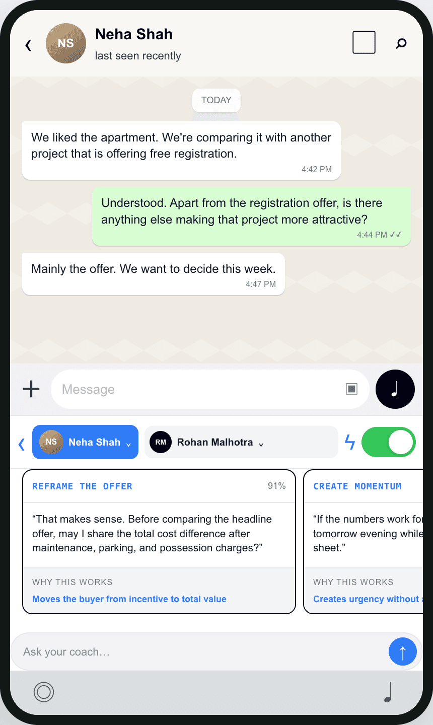 CueSet suggestions beside a WhatsApp conversation on mobile